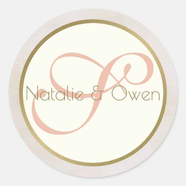 Gray Pink and Gold Monogram Classic Round Sticker (Front)