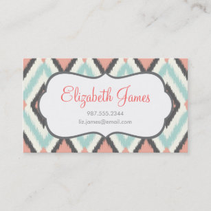 Gray Pink and Mint Tribal Ikat Chevron Business Card