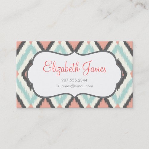 Gray Pink &amp; Mint Tribal Ikat Chevron Business Card Template