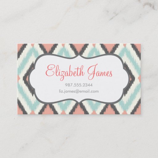 Customizable Gray Pink &amp; Mint Tribal Ikat Chevron Business Card Template