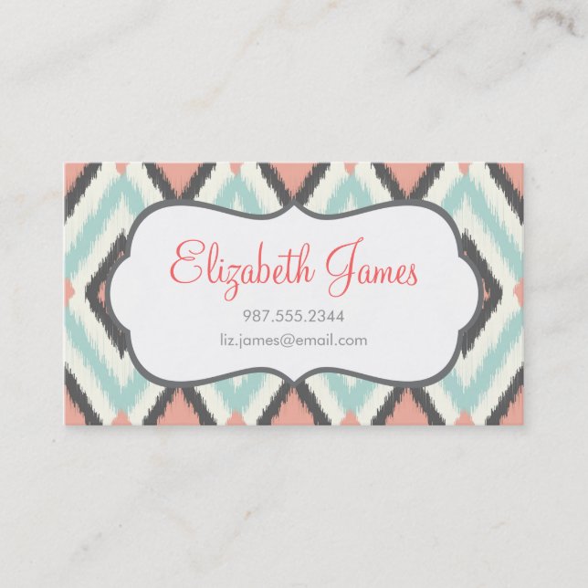 Gray Pink and Mint Tribal Ikat Chevron Business Card (Front)
