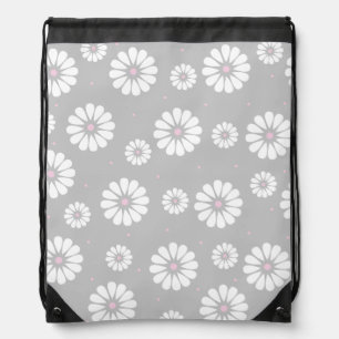 Gray, Pink and White Daisies Drawstring Backpack