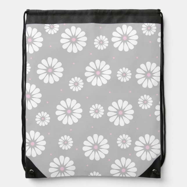 Gray, Pink and White Daisies Drawstring Backpack (Front)