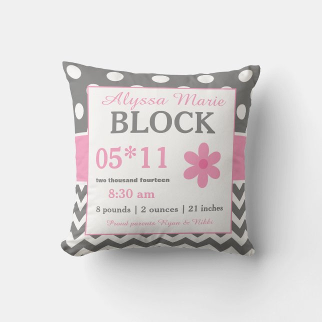 Gray Pink Baby Announcement Pillow (Front)