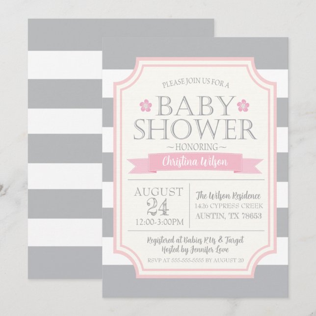 Gray & Pink Baby Shower Invitation (Front/Back)