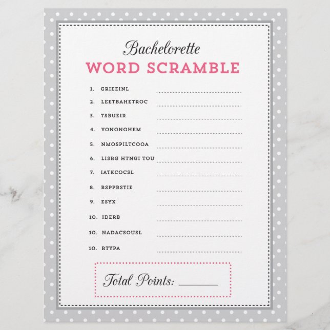 Gray & Pink Bachelorette Word Scramble Game (Front)
