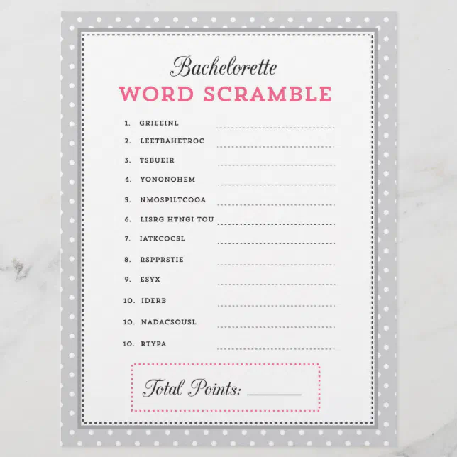 Gray &amp; Pink Bachelorette Word Scramble Game | Zazzle