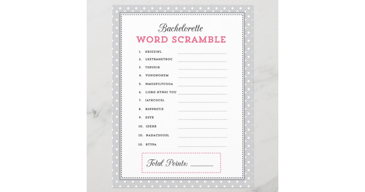 Gray &amp; Pink Bachelorette Word Scramble Game | Zazzle