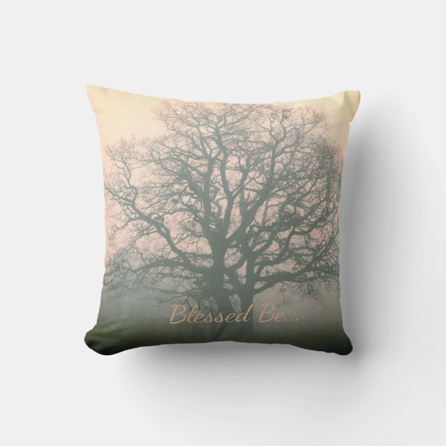 Gray / Pink Blessed Be Winter Oak Throw Pillow (Front)