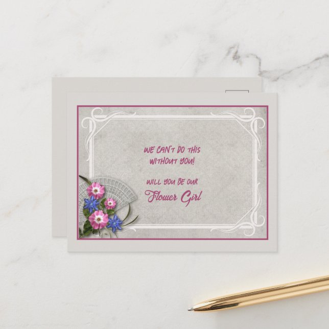 Gray Pink Blue Floral Bouquet Flower Girl Announcement Postcard (Front/Back In Situ)