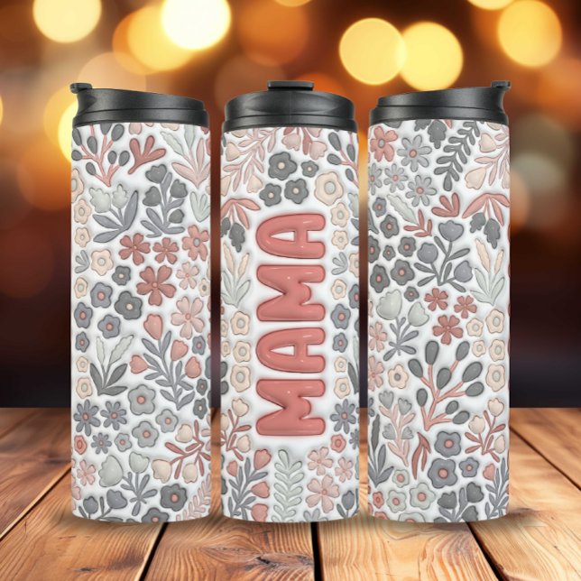 Gray Pink Boho Flowers 3D Effect Mama Thermal Tumbler (Pink Boho Flowers Mama Thermal Tumbler)