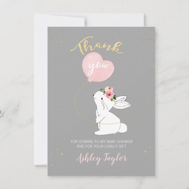 Gray Pink Bunny Thank You Card (Front)