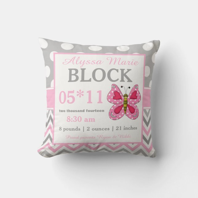 Gray Pink Butterfly Baby Announcement Pillow (Front)