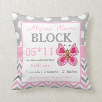 Gray Pink Butterfly Baby Announcement Pillow by mybabytee at Zazzle
