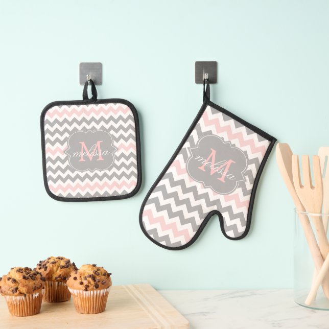 Gray Pink Chevron Monogram Potholder Set (Insitu(Hanging))