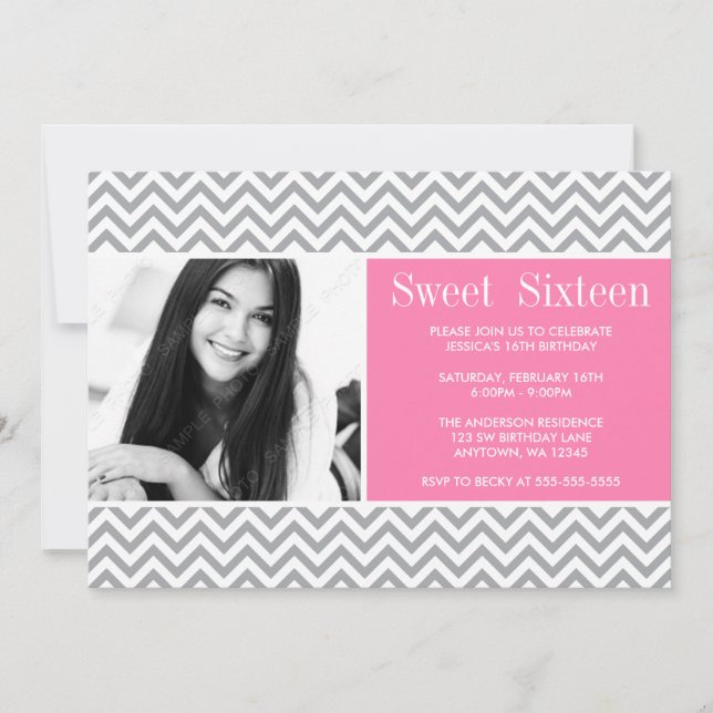 Gray Pink Chevron Sweet 16 Birthday Photo Invitation (Front)