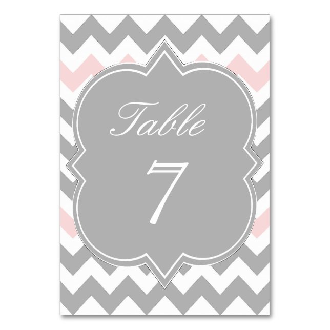 Gray Pink Chevron Table Number Card (Front)