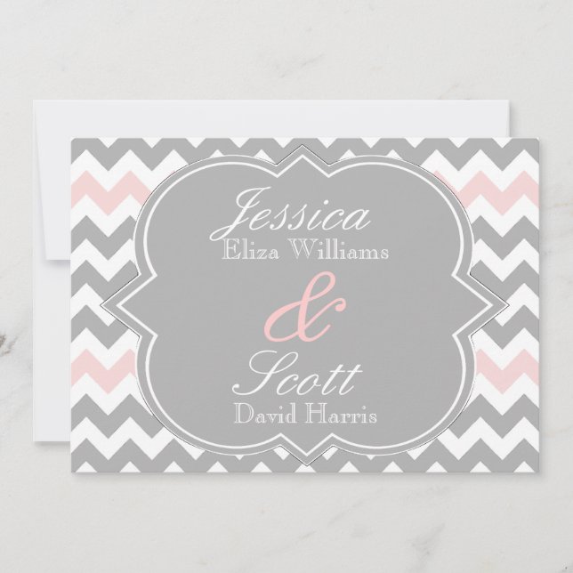 Gray Pink Chevron Wedding Invitation (Front)