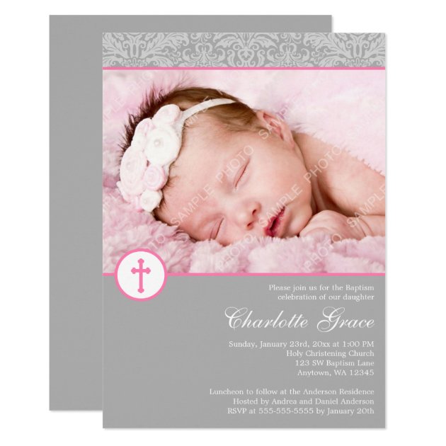 Gray Pink Damask Cross Girl Photo Baptism Card