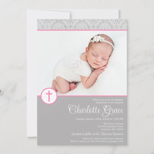 Gray Pink Damask Cross Girl Photo Baptism Invitation (Front)