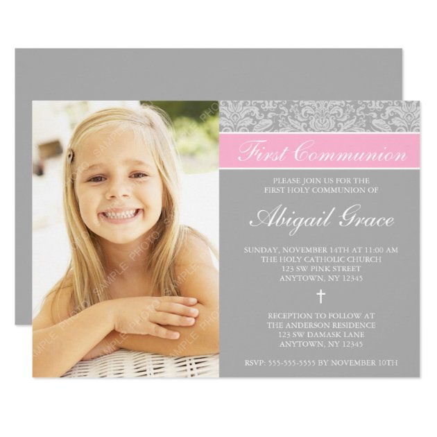 Gray Pink Damask Girl Photo First Communion Card