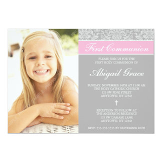 Gray Pink Damask Girl Photo First Communion Card