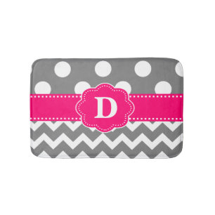 Gray Pink Dots Chevron Monogram Bathmat