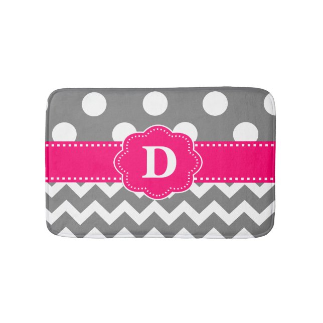 Gray Pink Dots Chevron Monogram Bathmat (Front)