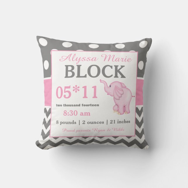 Gray Pink Elephant Baby Announcement Pillow (Front)