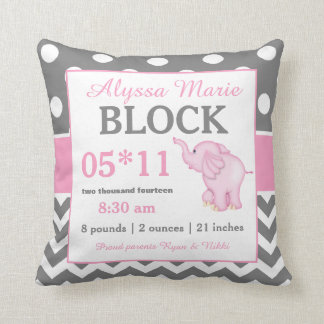 Gray Pink Elephant Baby Announcement Pillow