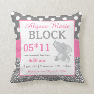 Gray Pink Elephant Baby Announcement Pillow