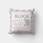 Gray Pink Elephant Baby Announcement Pillow at Zazzle
