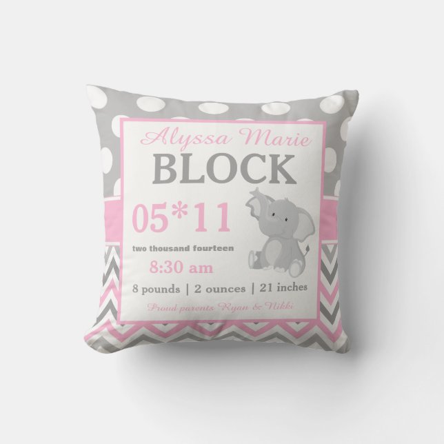 Gray Pink Elephant Baby Announcement Pillow (Front)