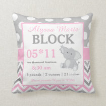 Gray Pink Elephant Baby Announcement Pillow