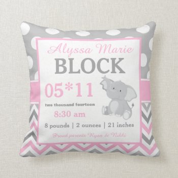 Gray Pink Elephant Baby Announcement Pillow by mybabytee at Zazzle
