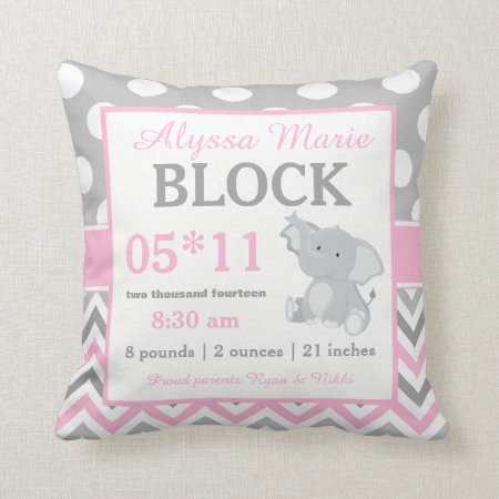 Gray Pink Elephant Baby Announcement Pillow