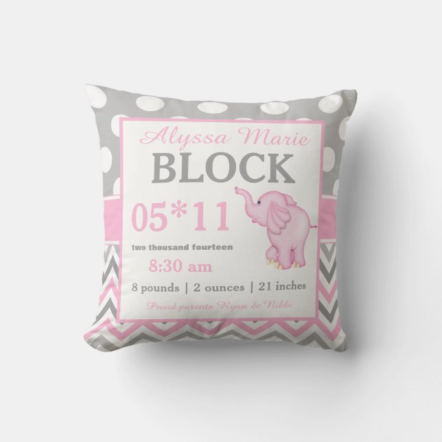 Gray Pink Elephant Baby Announcement Pillow (Front)