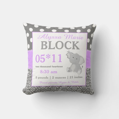 Gray Pink Elephant Baby Announcement Pillow