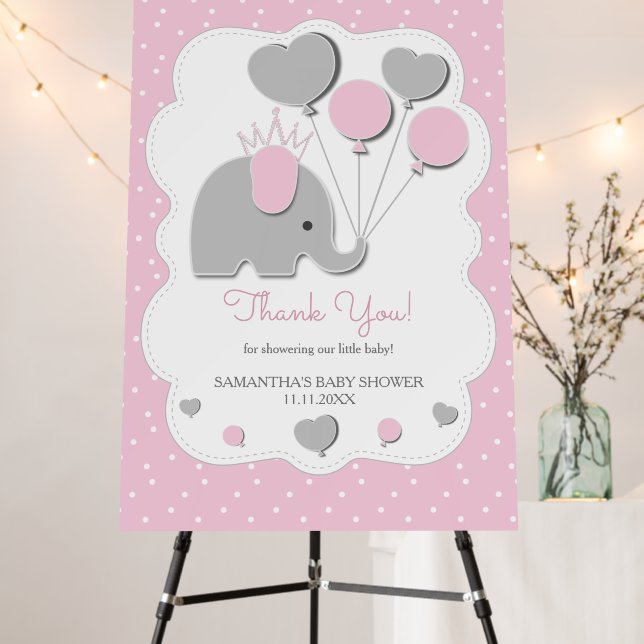 Gray Pink Elephant Baby Shower Girl Foam Board (In Situ (Stand))