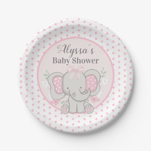 Gray Pink Elephant Polka Dots Baby Girl Shower Paper Plates