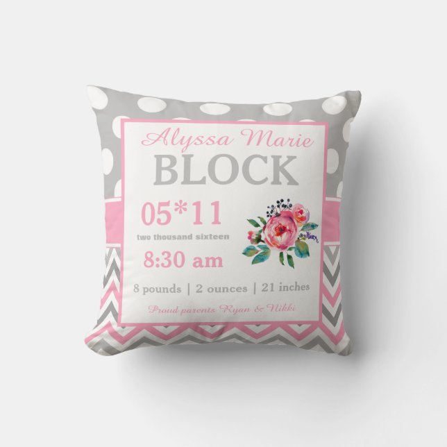 Gray Pink Floral Baby Announcement Pillow (Front)