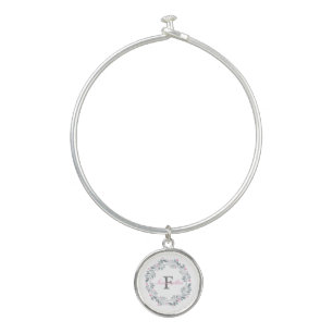 Gray Pink Floral Double Monogram Elegant  Bangle Bracelet