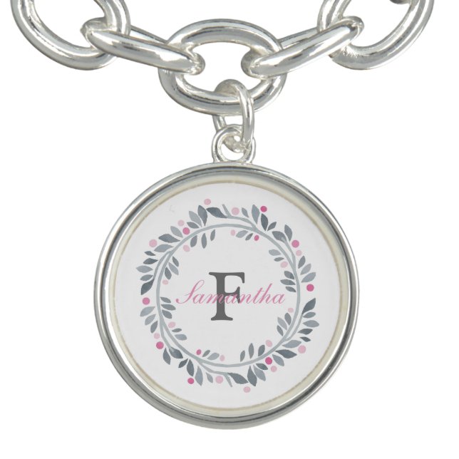 Gray Pink Floral Double Monogram Elegant   Bracelet (Design)