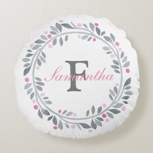 Gray Pink Floral Double Monogram Elegant  Round Pillow