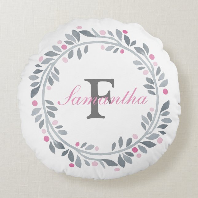 Gray Pink Floral Double Monogram Elegant  Round Pillow (Front)