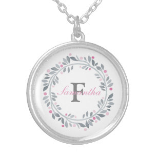 Gray Pink Floral Double Monogram Elegant Silver Plated Necklace