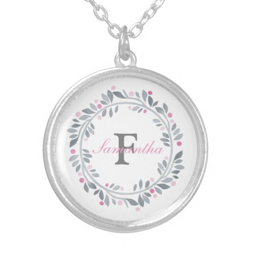 Gray Pink Floral Double Monogram Elegant  Silver Plated Necklace