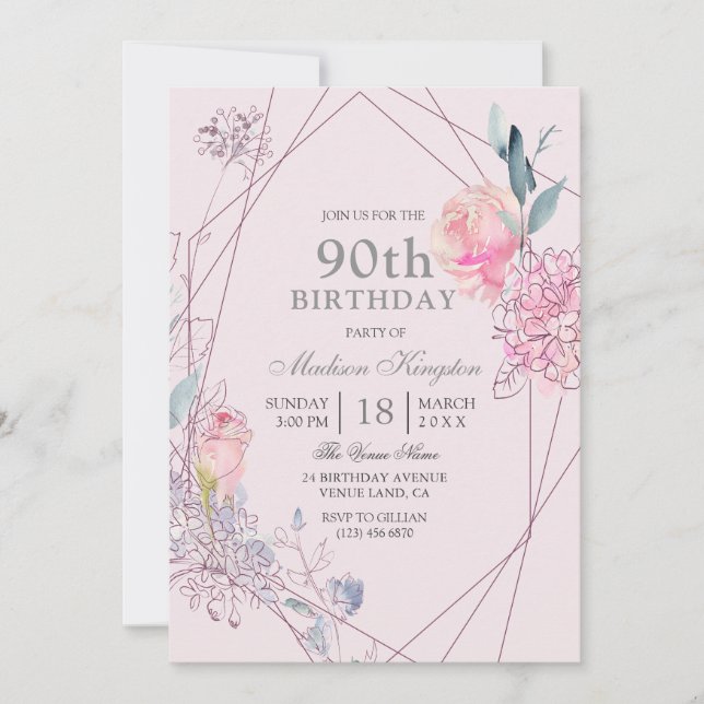 Gray & Pink Floral Geometric 90th Birthday Party Invitation (Front)