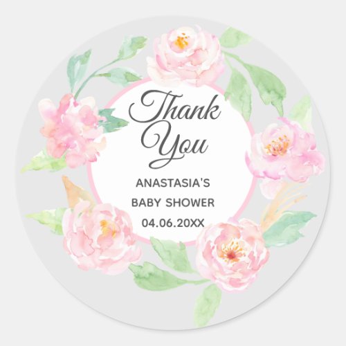 Gray  Pink Floral Wreath Thank You Baby Shower Classic Round Sticker