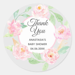 Gray & Pink Floral Wreath Thank You Baby Shower Classic Round Sticker